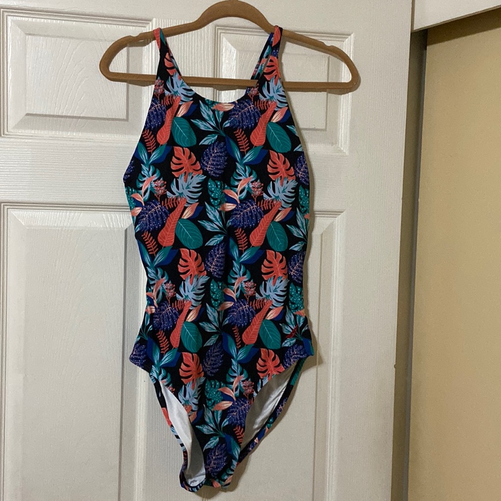 Cross Back Leaves Print One Piece Swimsuit